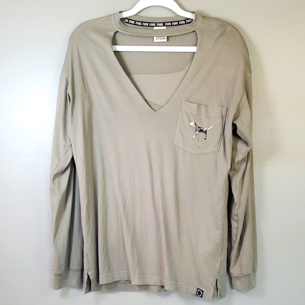PINK Victoria's Secret Green, Open Vneck, Long Sleeve Tee. Size XS